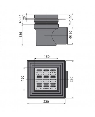 APV12Сливной трап 150 × 150/100, подводка – бокова, решетка – нержавеющая сталь, гидрозатвор – мокр