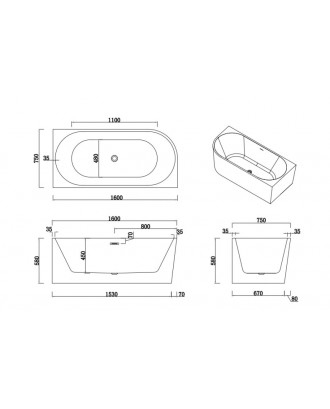АМОРЕ П Ванна акриловая пристенная 1600*750*580, правая, белый