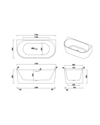 ДЕА Ванна акриловая пристенная 1700*800*580, белый