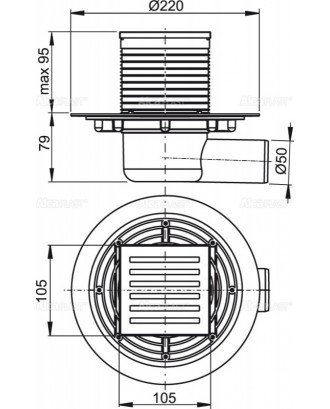 APV103Сливной трап 105 × 105/50, подводка – бокова, решетка – нержавеющая сталь, гидрозатвор – комб